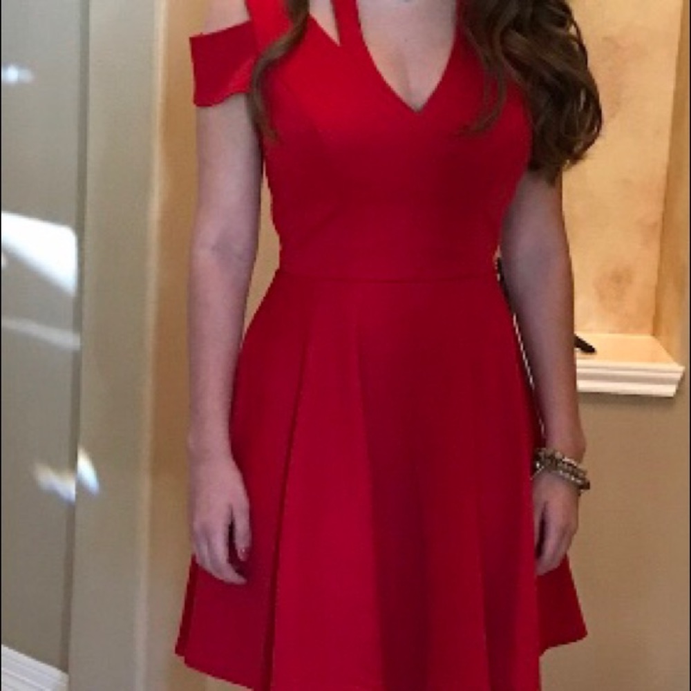 Jodi Kristopher Exposed Shoulder Red Dress